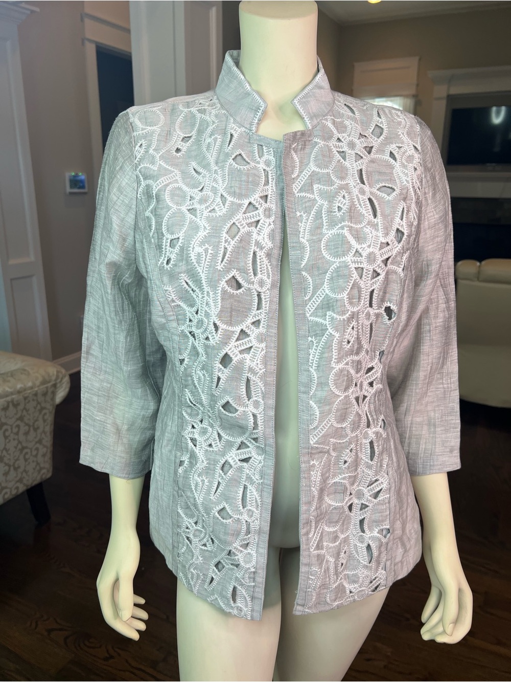 Chico's Silver-Gray Lace Front Open Jacket - Picture 2 of 14
